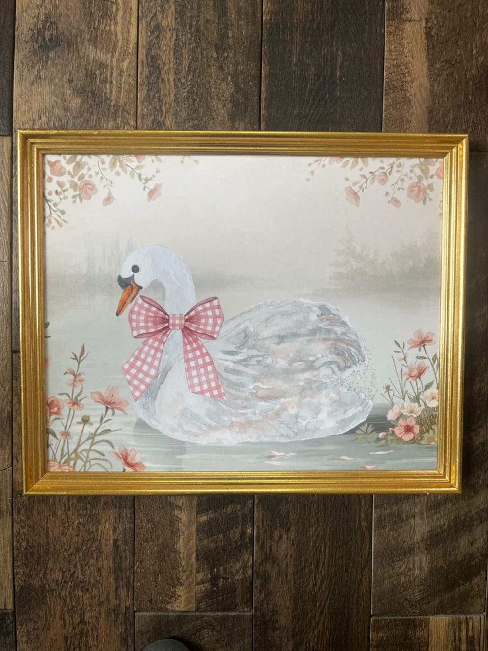 Large Elegant Vintage swan and bow oil painted print VTG gold framed 22x17”